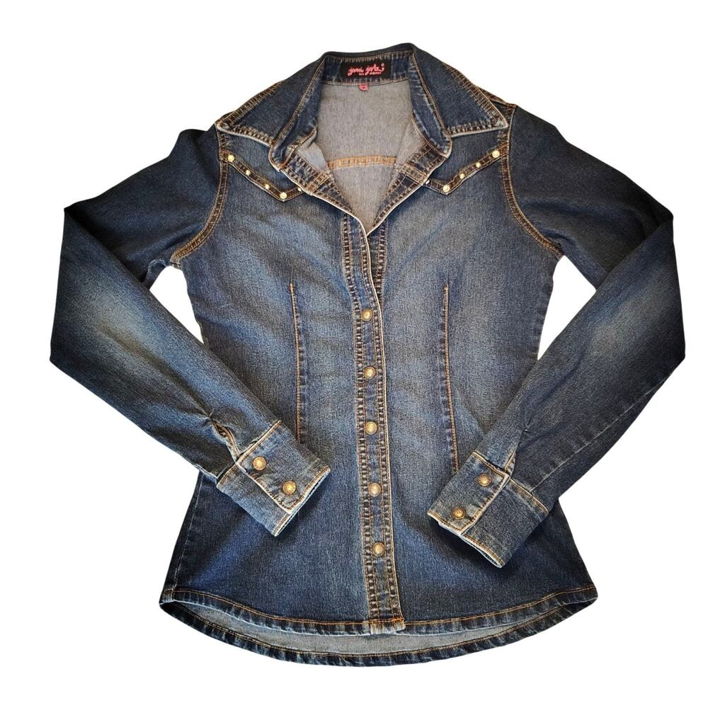 Y2K Jami Joolz Crystal Studded Denim Shirt Small Snap RARE Ultra Stretch NWOT